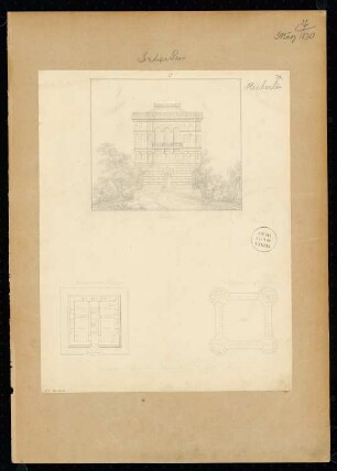 Belvedere Monatskonkurrenz März 1830: Grundriss Erdgeschoss, Söller, Aufriss Vorderansicht; Maßstabsleiste