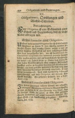 XV. Obligationes, Qvittungen und Wechsel-Schreiben