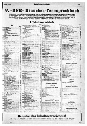 V. -BFB- Branchen-Fernsprechbuch, 1 Inhaltsverzeichnis