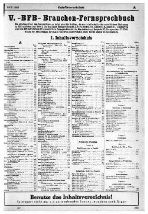 V. -BFB- Branchen-Fernsprechbuch, 1 Inhaltsverzeichnis