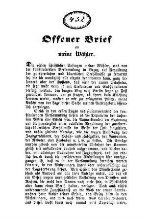Offener Brief an meine Wähler. Die vielen schriftlichen Anfragen meiner Wähler, [...]