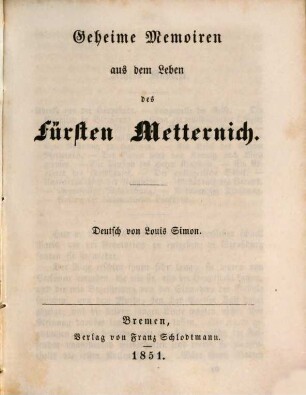 Geheime Memoiren aus dem Leben des Fürsten Metternich, 2