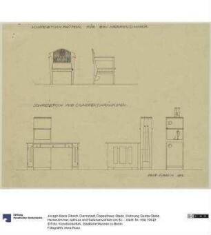 Darmstadt, Doppelhaus Stade, Wohnung Gustav Stade, Herrenzimmer, Aufrisse und Seitenansichten von Schreibtisch, Sessel und Zigarrenschränkchen