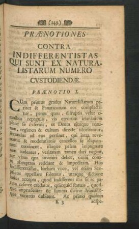 Praenotiones Contra Indifferentistas Qui Sunt Ex Naturalistarum Numero Custodiendae