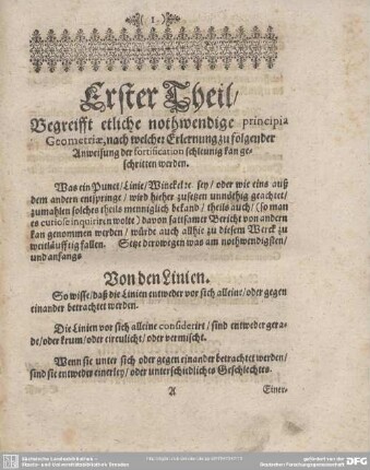 Begreifft etliche nothwendige principia Geometriae, nach welcher Entfernung zu folgender Anweisung der fortification schleunig kan geschritten werden.