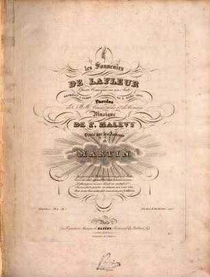 Les souvenirs de Lafleur : opéra comique en un acte ; représenté à Paris le 4 mars 1833
