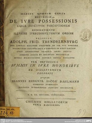 Selecta Quaedam Capita Doctrinae De Iure Possessionis Circa Fructuum Perceptionem