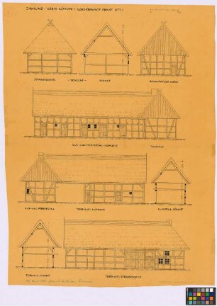 Jamund (Kreis Köslin): Kossätenhof Ernst Ott. - Scheune (Straßen-Giebel-Ansicht, Querschnitt, Giebel-Ansicht). - Kuh- und Pferdestall (Giebel-Ansicht, Querschnitt). - Torhaus (Hof-Seiten-Ansicht, Querschnitt, Straßen-Seiten-Ansicht)