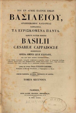 Tu en hagiois patros hēmōn Basileiu Archiepiskopu Kaisareias Kappadokias ta heuriskomena panta, 2[,1]