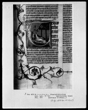 Lateinische Bibel — Initiale T (obias), darin seine Erblindung, Folio 171recto