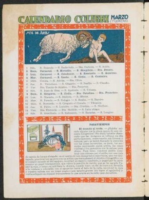 Calendario Colibrí - Marzo (1ª Quincena)