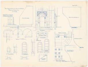 Herz Jesu Kloster, Fünfbrunnen (Cinqfontaines): Details des Hauptportals, der Wasserschrägen, Bogenfriese und Fenster, Ansichten und Schnitte 1:20 der Klosterkapelle