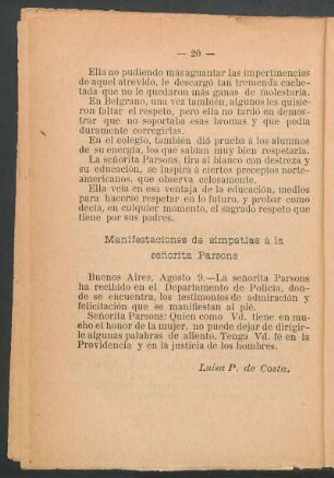 Manifestaciones de simpatías á la señorita Parsons