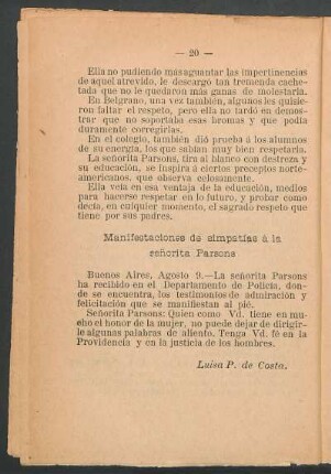 Manifestaciones de simpatías á la señorita Parsons