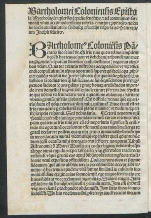 Bartholomei Coloniensis Epistola Mythologica: plerisqe lepidis sententiis. et ad communem sermonum usum accommodatissimis referta. et miris: et prope adeo ridiculis iocis cavillationibus: salibusque et facetiis respersa: ad Pancratium Incipit feliciter.