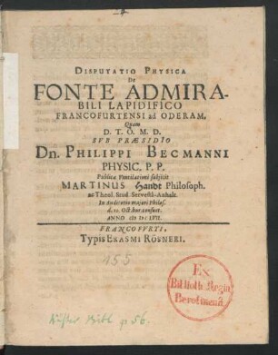 Disputatio Physica De Fonte Admirabili Lapidifico Francofurtensi ad Oderam