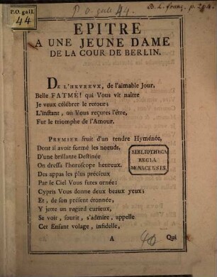 Epitre A Une Jeune Dame De La Cour De Berlin
