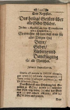 Das Register. Des heilige Geistes über alle Gebet-Bücher.