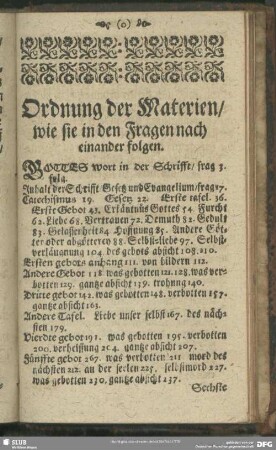 Ordnung der Materien, wie sie in den Fragen nach einander folgen