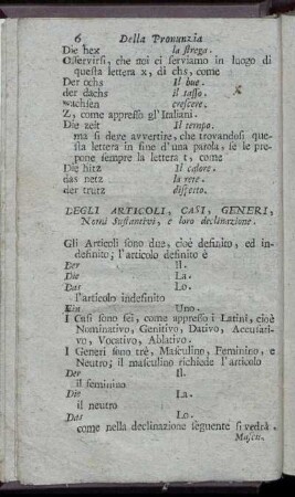 Degli Articoli, Casi, Generi, Nomi Sustantivi, e loro declinazine : [Von den Articklen]