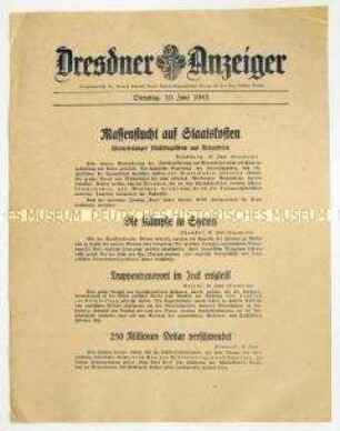 Nachrichtenblatt "Dresdner Anzeiger" u.a. mit Meldungen vom Kriegsschauplatz Naher Osten