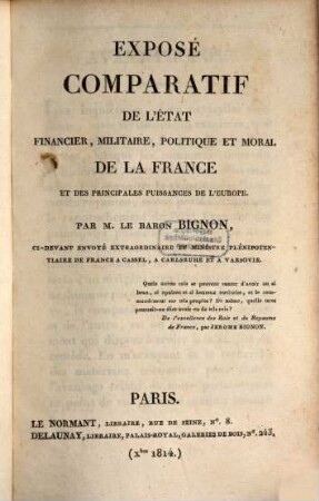 Exposé comparatif de l'etat financier militaire, politique et morale de la France et des principales Puissances de l'Europe
