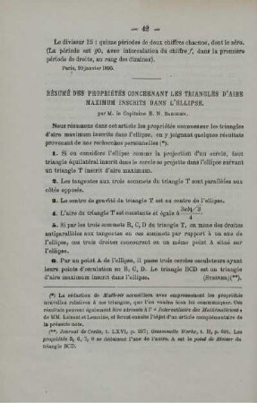 RÉSUMÉ DES PROPRIÉTÉS GONCERNANT LES TRIANGLES D'AIRE MAXIMUM INSCRITS DANS L'ELLIPSE.