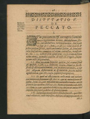 Disputatio V. De Peccato. Respond. Mattheus Strausbergius