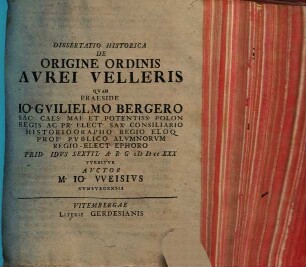 Dissertatio Historica De Origine Ordinis Avrei Velleris