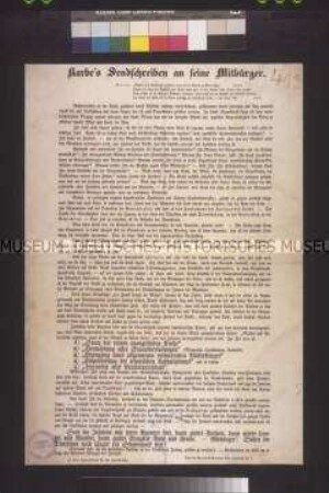 Maueranschlag: Karbes Sendschreiben an seine Mitbürger. Flugschrift von Adolf Karbe gegen die Diffamierung von Volksrednern; 3. September 1848