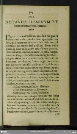 CII. Notanda Hominum Et brutorum animalium collatio