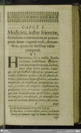 Caput I. Medicina, instar scientiae, secundum experientiam, ur principium suum cognoscendi, demonstrat, quam ex sensibus ratio componit