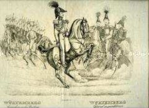 Uniformdarstellung, Kavallerie, General, Adjutant und Rittmeister zu Pferd, Königreich Württemberg, 1820/1840.