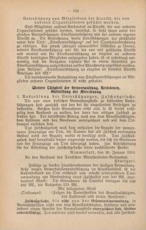 Weitere Tätigkeit der Ortsverwaltung, Revisionen, Aufstellung der Abrechnung.