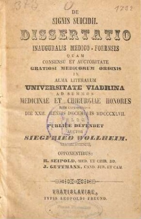 De signis suicidii : dissertatio inauguralis medico-forensis