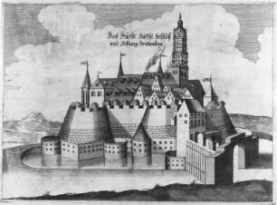 Das fürstliche sächsische Schloß und Festung Grimmenstein (Gotha) : Das fürstliche sächsische Schloß und Festung Grimmenstein (Gotha). Kupferstich; 27,8 x 38,3 cm. 17. Jahrhundert. Dresden: Kupferstich-Kabinett Sax.top.IX 7,59 in A 130610
