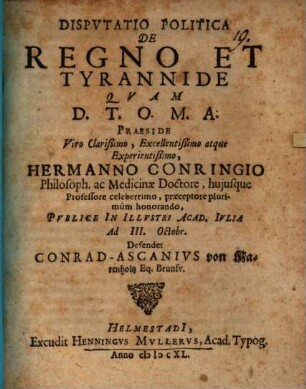 Disputatio Politica De Regno Et Tyrannide