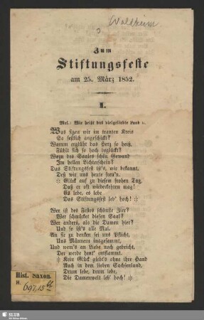 Zum Stiftungsfeste am 25. März 1852 [der Erholung in Waldheim]