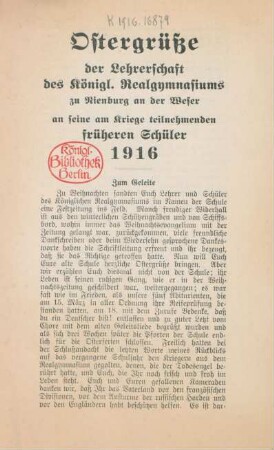 Ostergrüße der Lehrerschaft des Königl. Realgymnasiums zu Nienburg an der Weser an seine am Kriege teilnehmenden früheren Schüler 1916