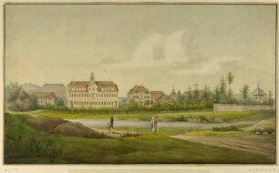 Die Wollfabrik von Sir John Wilkins an der Gottleuba (heute Nikolaipark an der Reitbahnstraße?) südlich von Pirna, die bis 1841 bestand, mit Villa, mehreren Pavillons und Türmchen