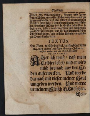 Textus.[...]werden uns von Hiob beschrieben cap. XIX. v. 25. 26 & 27.