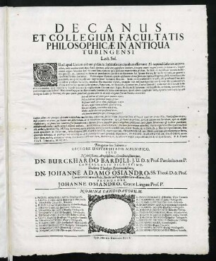 Decanus Et Collegium Facultatis Philosophicae In Antiqua Tubingensi Lect. Sal.