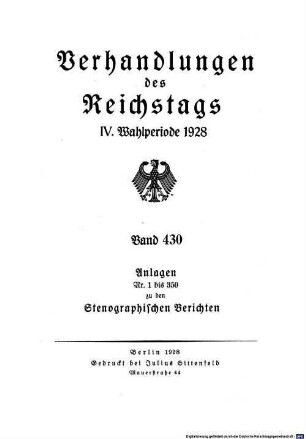 Verhandlungen des Reichstages. Stenographische Berichte. 430. 1928