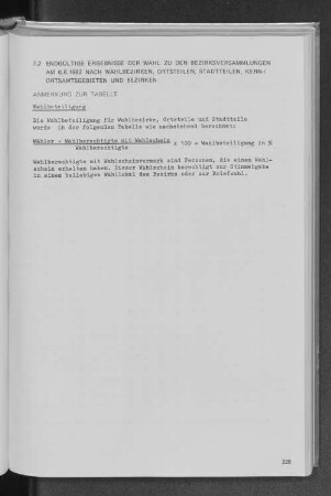 7.2 Endgültige Ergebnisse der Wahl zu den Bezirksversammlungen am 6.6.1982 nach Wahlbezirken, Ortsteilen, Stadtteilen, Kern-/ Ortsamtsgebieten und Bezirken