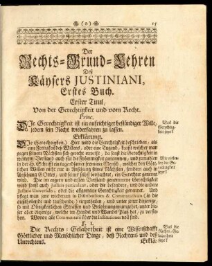 Der Rechts-Grund-Lehren Deß Kaysers Justiniani, Erstes Buch.