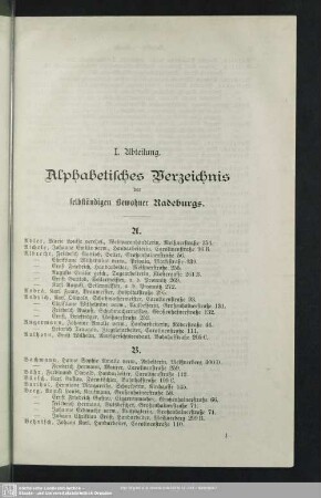 I. Abteilung. Einwohnerverzeichnis : I. Abteilung. Alphabetisches Verzeichnis der selbständigen Bewohner Radeburgs