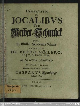 Dissertatio De Iocalibus Vom Weiber-Schmuck