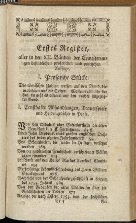 Erstes Register aller in den XII. Bänden der Erweiterungen befindlichen prosaischen und poetischen Aufsätze.