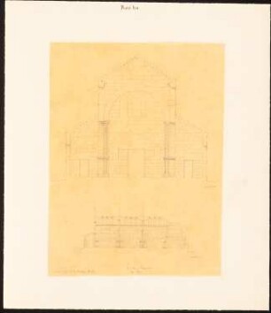 Kirchenruine, Rueha (Rouhaia/Ruwayhah): Vorderansicht, Seitenansicht, Maßangaben (vermutlich Durchzeichnung nach M. de Vogüé und E. Duthoit: Syrie centrale, Pl. 69)