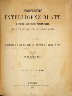 Ärztliches Intelligenzblatt : Organ für Bayerns staatliche und öffentliche Heilkunde. 31. 1884
